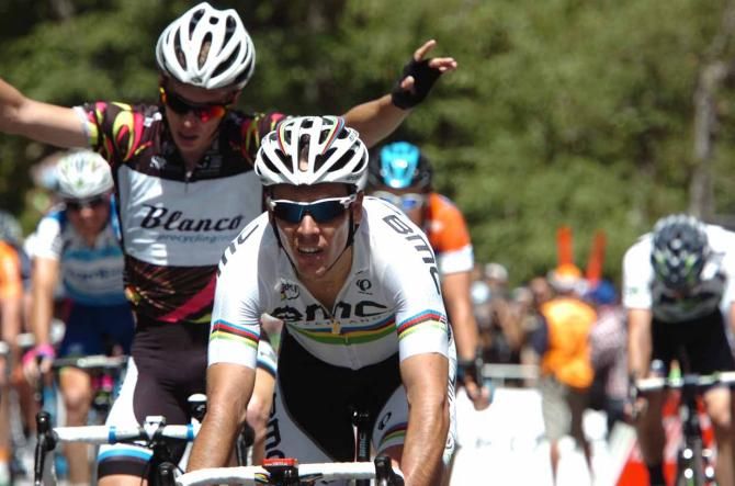 Philippe Gilbert (BMC) passed Tom Jelte Slagter (Blanco) after the finish line.