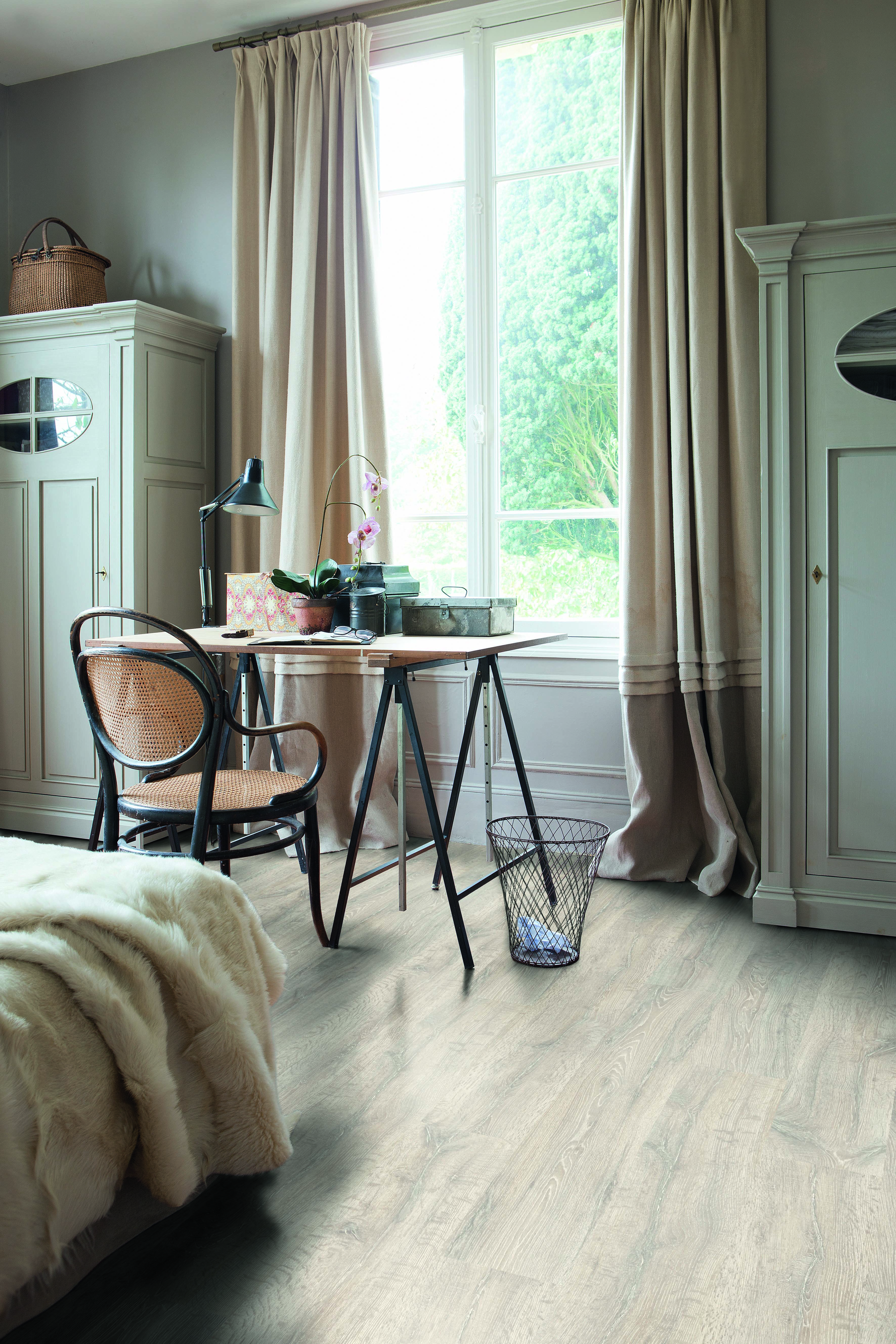 bedroom with view to window, double bed and wardrobes, and desk