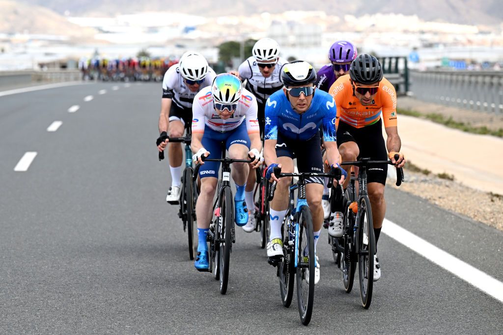 Baptiste Vadic (TotalEnergies), Will Barta (Movistar) and Luis Angel Mate (Euskaltel-Euskadi) in the breakaway of the day