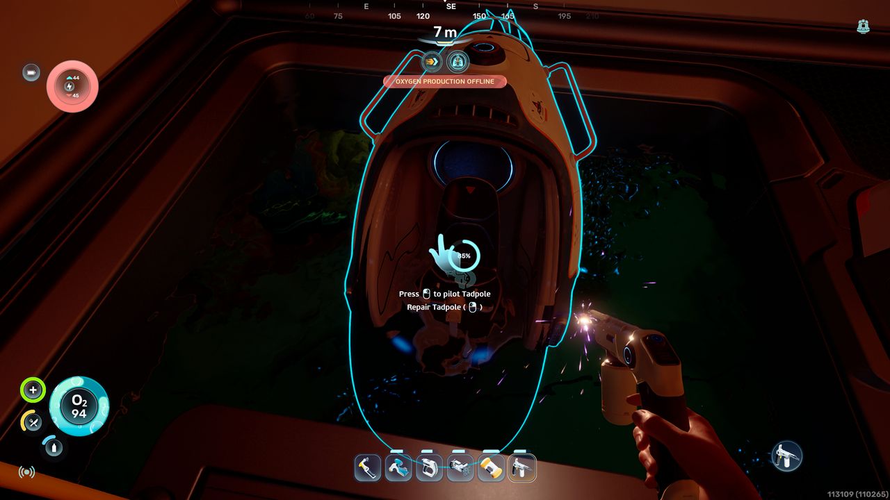 Subnautica 2 Repair Tool: A player repairing their Tadpole with a Repair Tool.