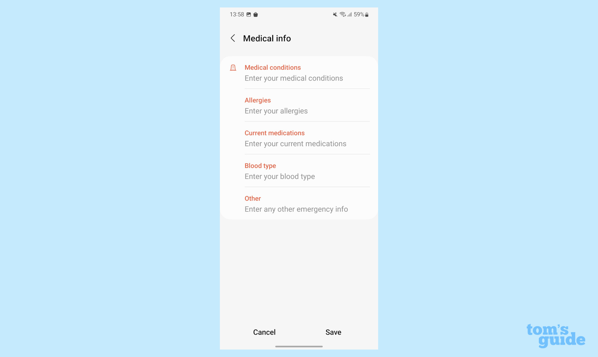 A screenshot of the Samsung Galaxy S22's settings menu, showing the input fields for medical information