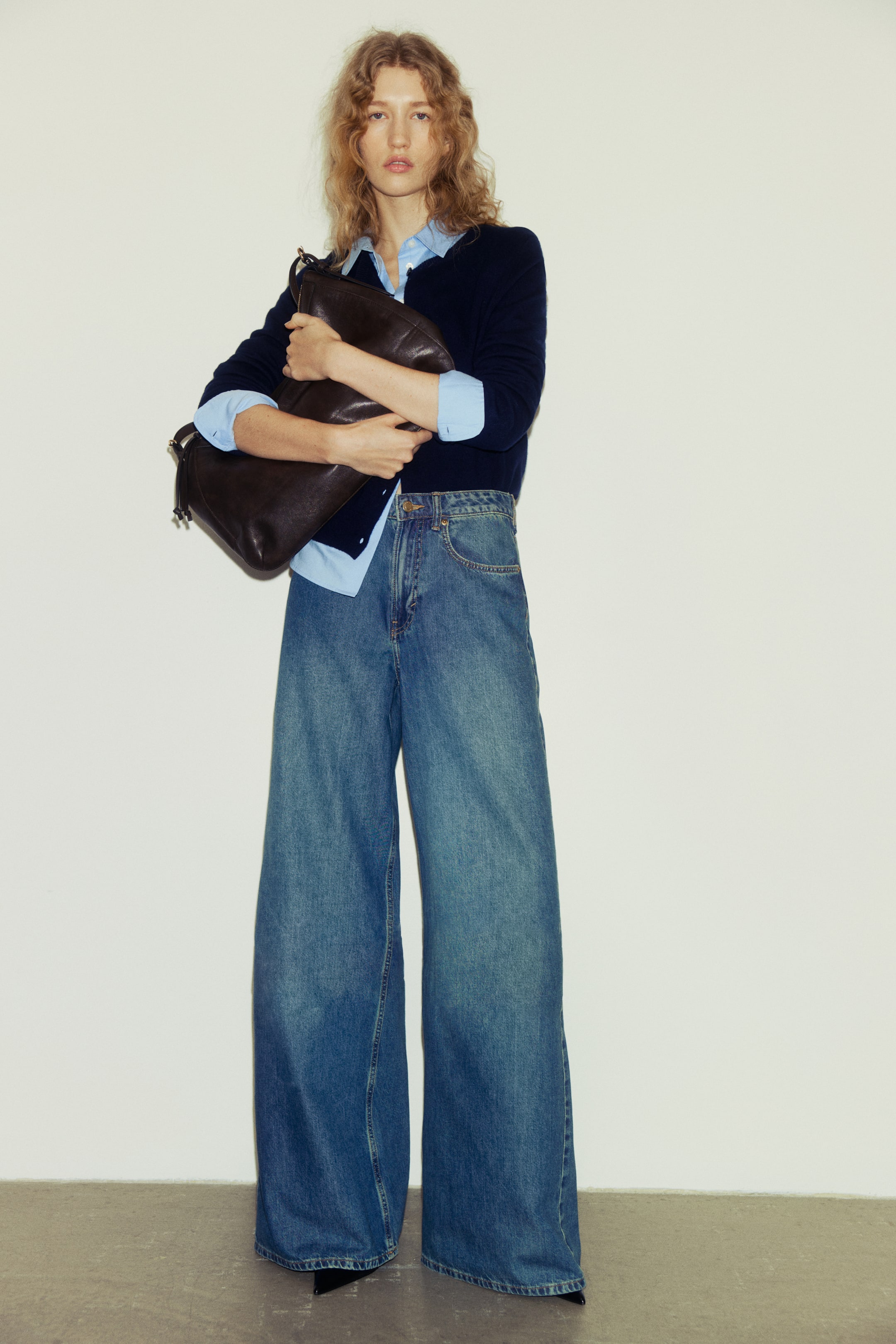 Wide High Waist Jeans - Dark Denim Blue