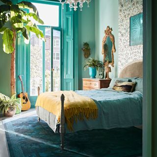 Blue twilight rug in blue bedroom