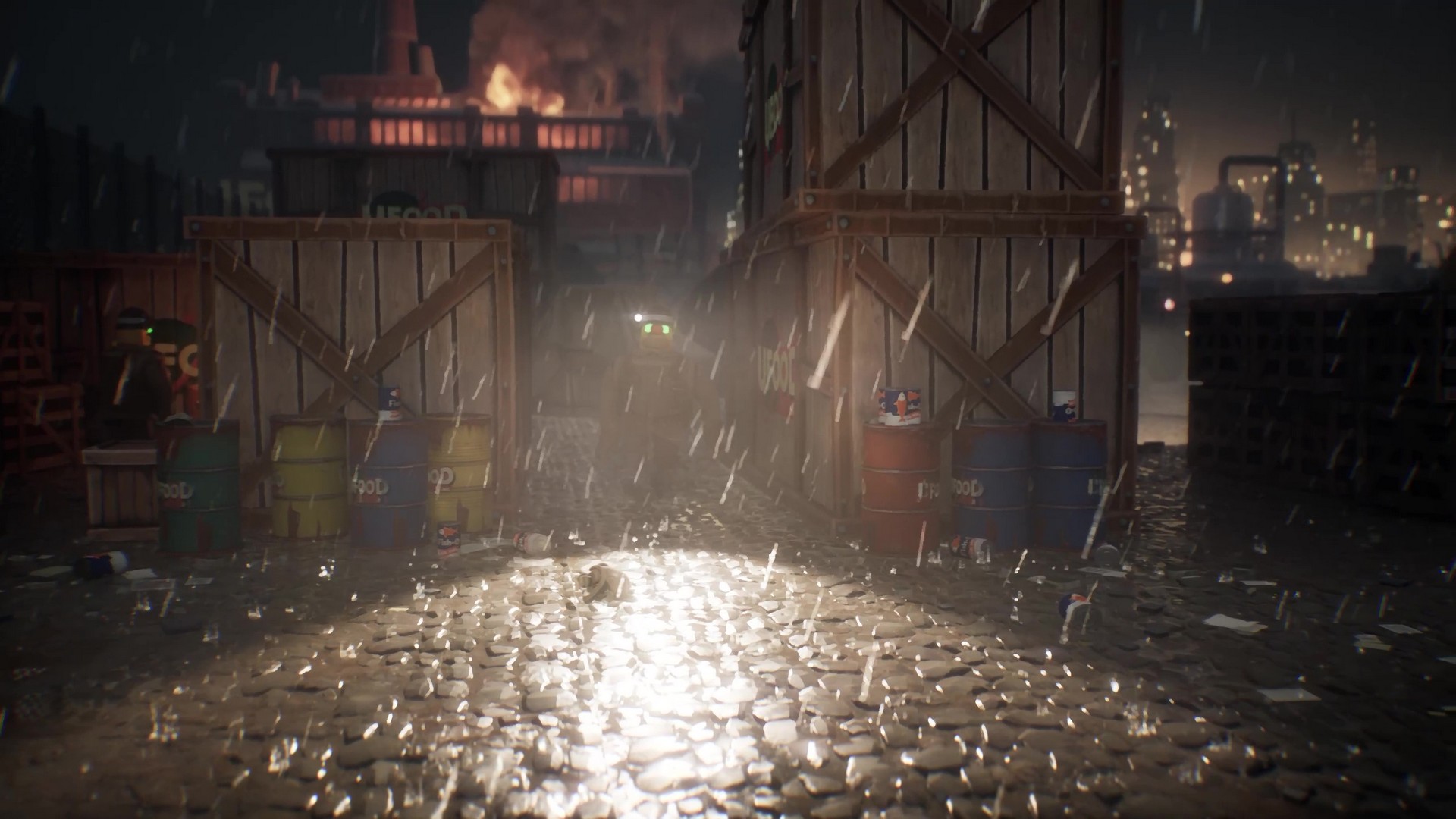 Darwin changes color to match nearby cobblestones as a robot guard approaches in Darwin's Paradox