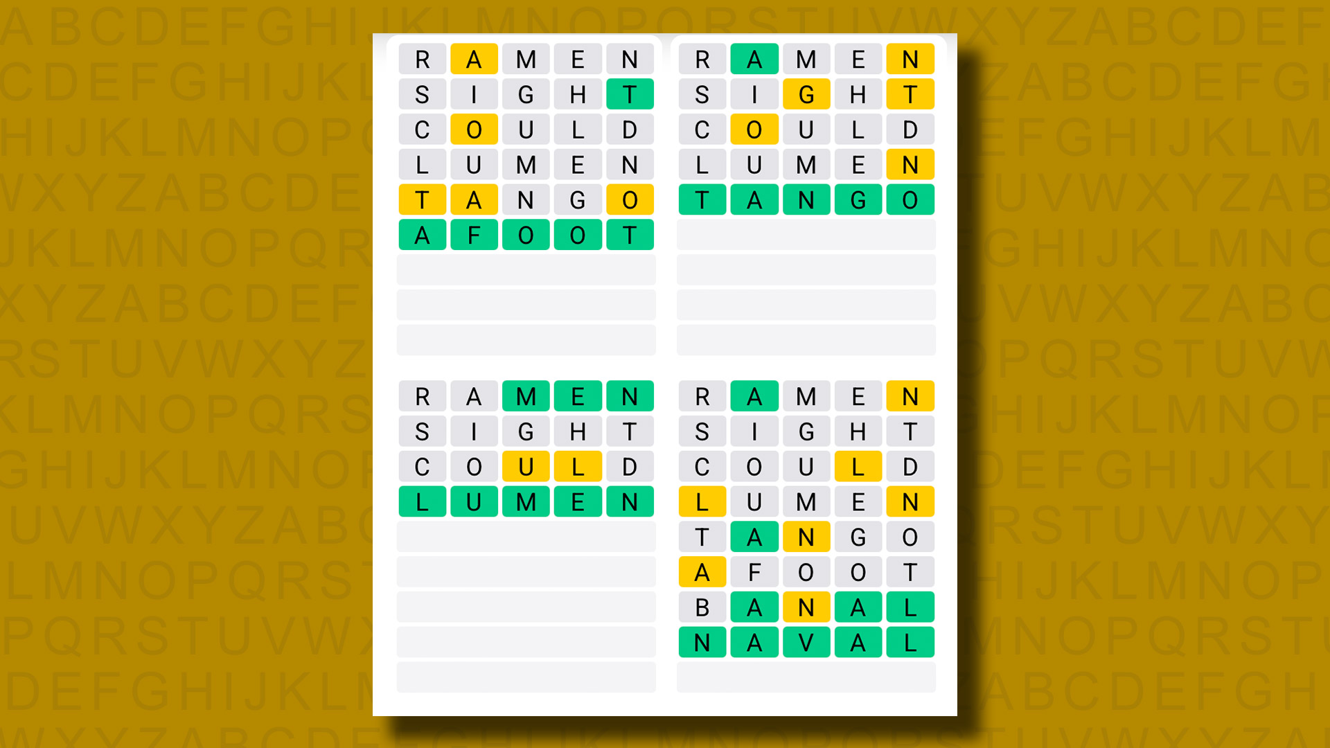 Quordle answers for game 1312 on a yellow background