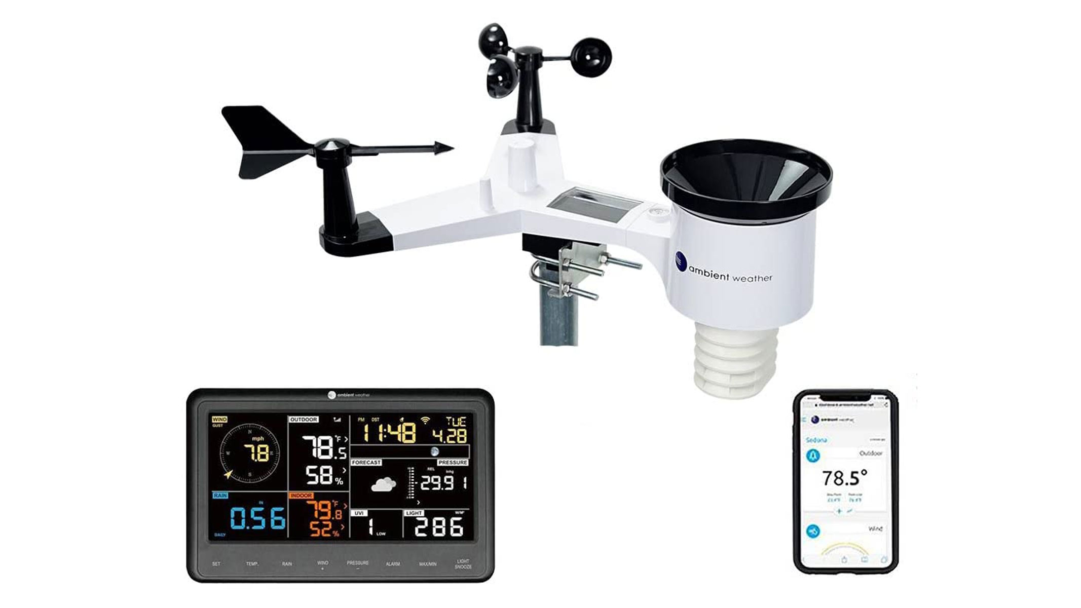 The Ambient WS-2902 weather station with home display unit and phone on a white background.