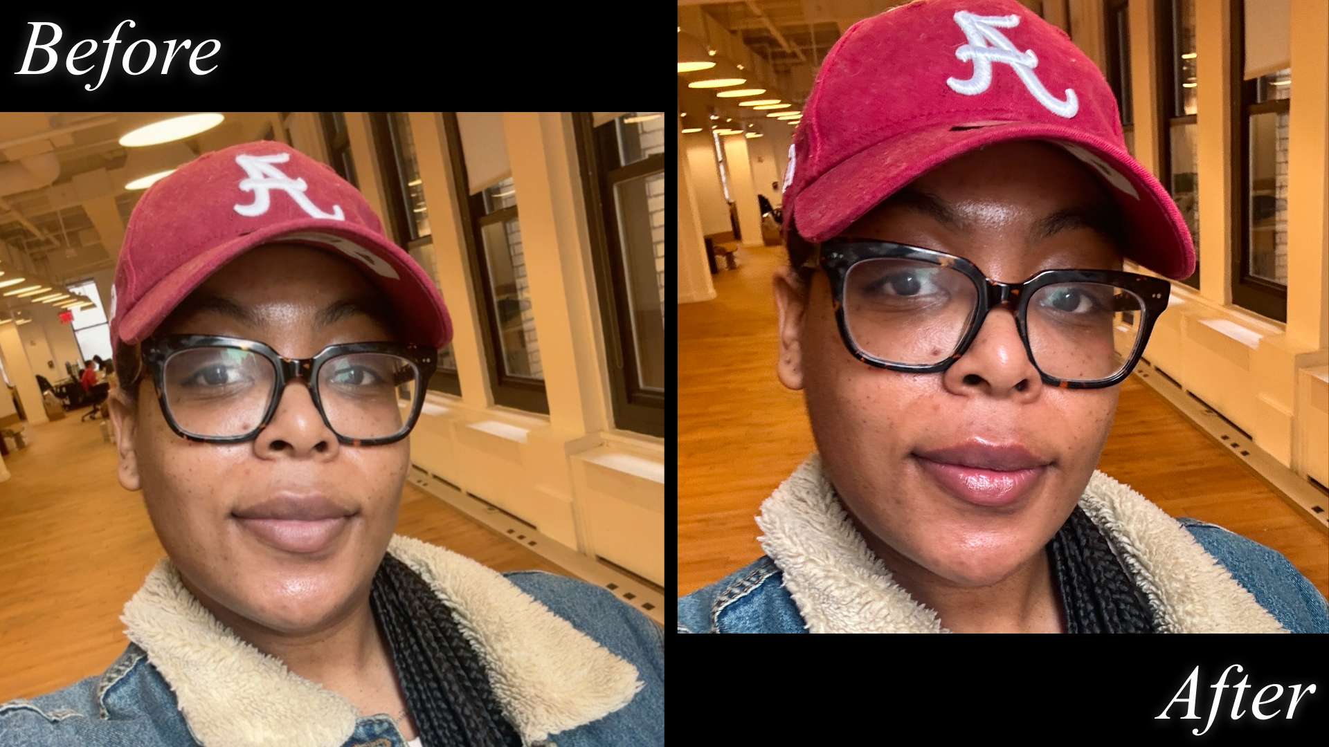 Ariel Baker before and after testing the Laniege JuicePop Box Lip Tint.