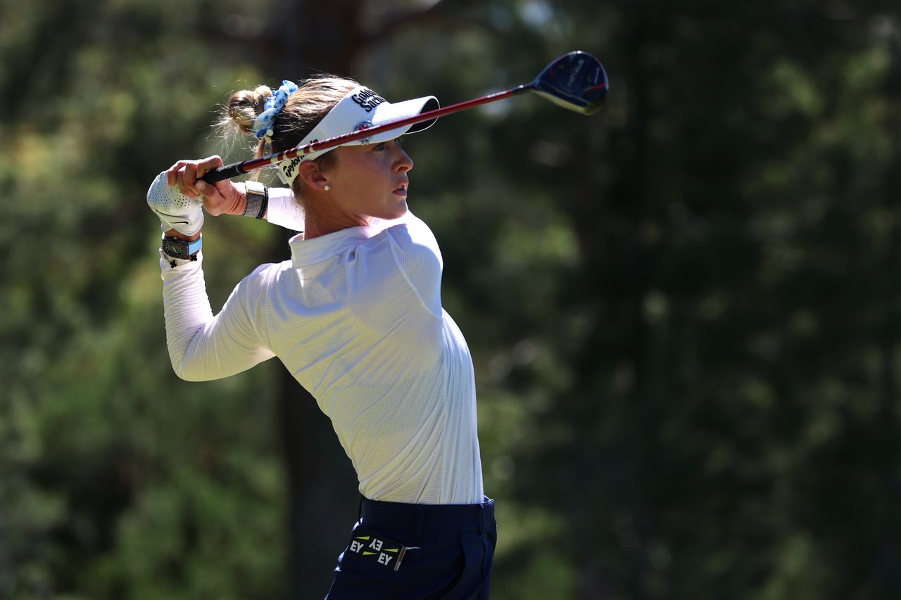 Nelly Korda plays her shot from the third tee during the final round of the Aramco Championship
