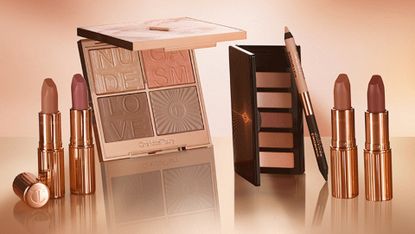 makeup collection from charlotte tilbury titled super nudes eyeshadows, lipsticks, lip liners, blushes