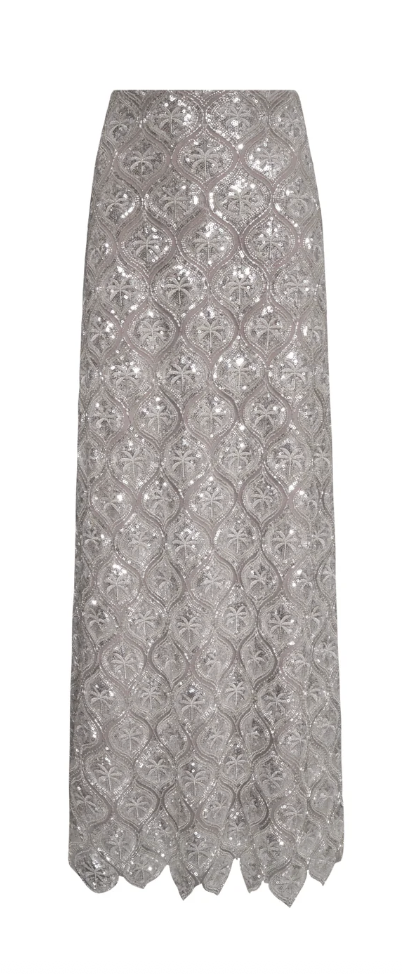 Over the Moon, Carlota Palms Sequined Maxi Skirt in Silver