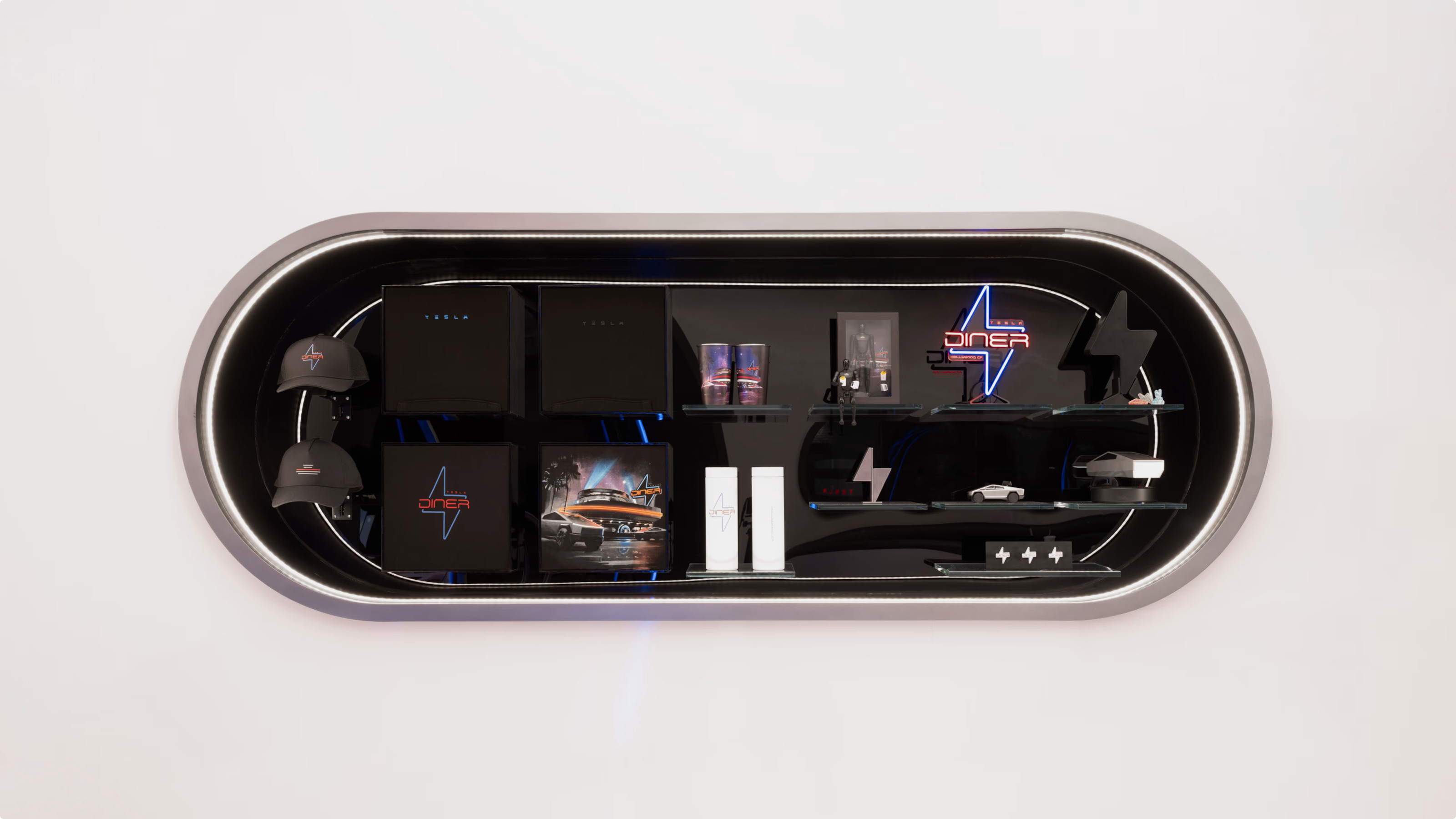Merch display at the new Tesla Diner