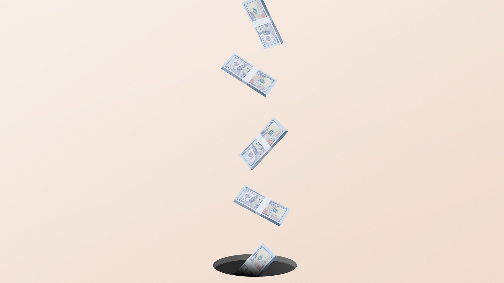 Wasted business investment concept image showing stacks of dollar bills falling into a black hole in the ground.