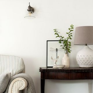 Corner of white living room with glass wall light and ceramic table lamp