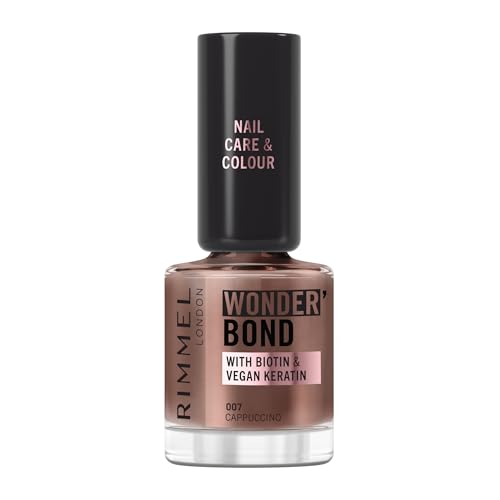 Rimmel Wonder&#039;bond Care + Colour Nail Polish, 007 Cappuccino, Restores &amp;amp; Strengthens Nails, Infused With Biotin &amp;amp; Vegan Keratin, Chip-Resistant, Glossy Finish, Buildable, 12ml