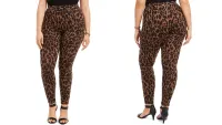 a side-by-side of a woman wearing the Style & Co Plus Size Printed Leggings, one of w&h's best plus-size leggings picks, at two different angles
