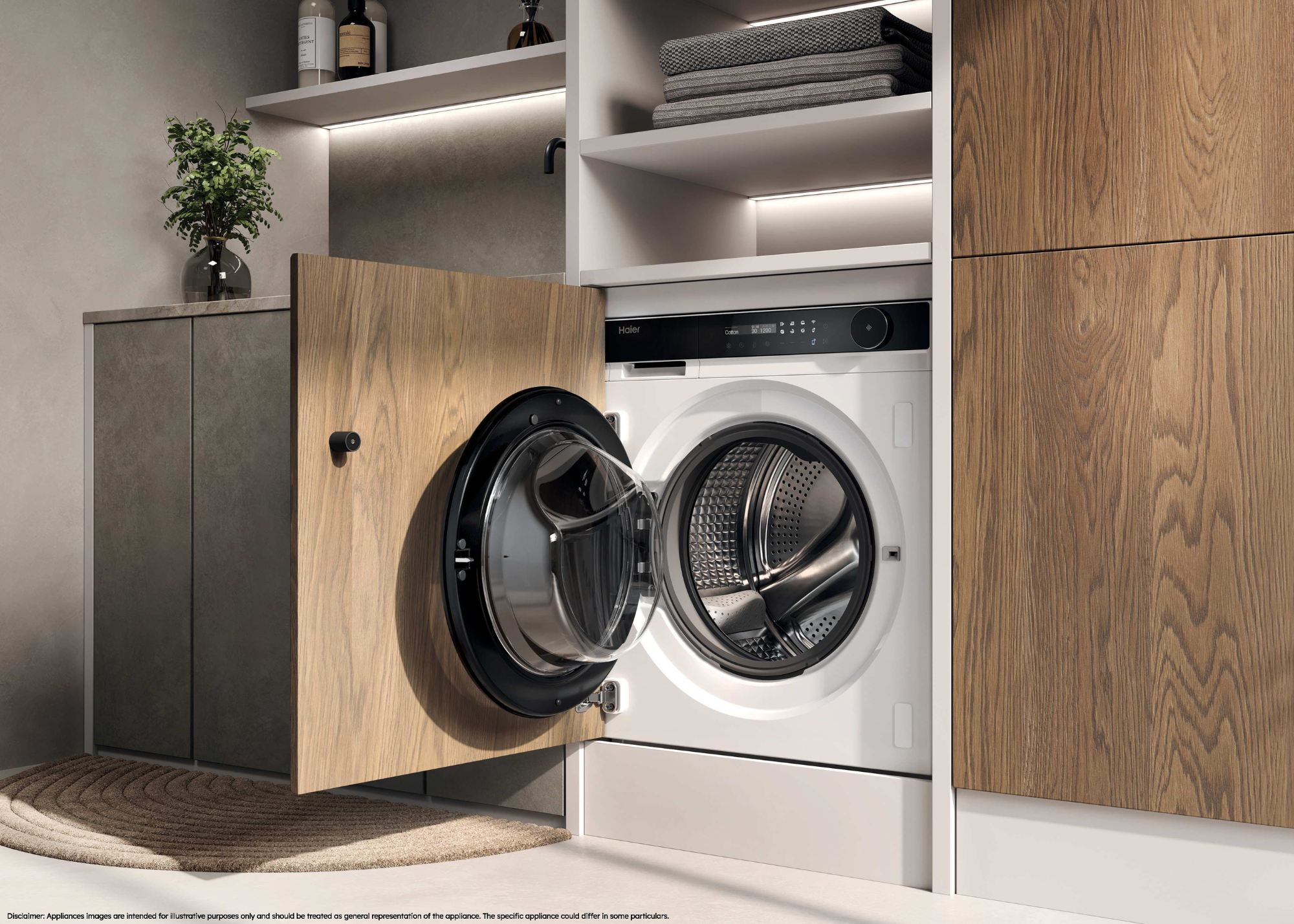 A close-up of a washing machine in a cabinet with an open door