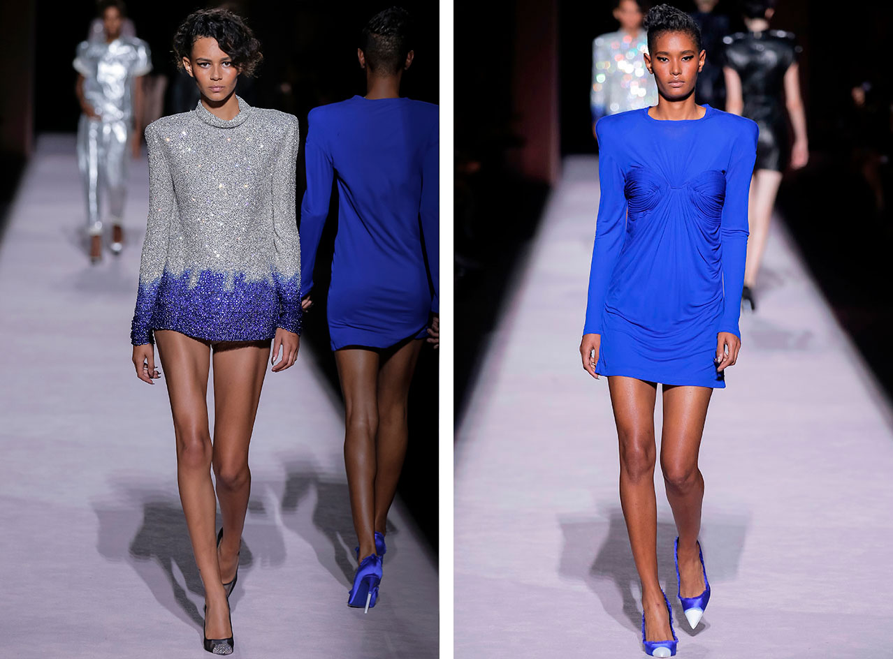 Female models wearing silver and blue clothes from the Tom Ford S/S2018 collection