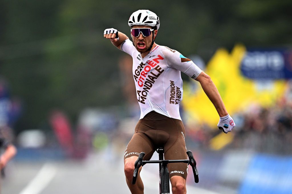 LAGO LACENOBAGNOLI IRPINO ITALY MAY 09 Aurlien ParetPeintre of France and AG2R Citron Team celebrates at finish line as stage winner during the 106th Giro dItalia 2023 Stage 4 a 175km stage from Venosa to Lago Laceno 1059m Bagnoli Irpino UCIWT on May 09 2023 in Bagnoli Irpino Italy Photo by Stuart FranklinGetty Images