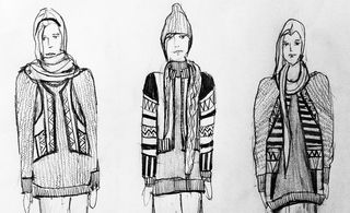 Sketches of three figures wearing varying style tops. Left: a long sleeve jumper with a waist coat. Middle: A long sleeve cardigan with black and white arms. Right: A long sleeve jumper with a black and white scarf.