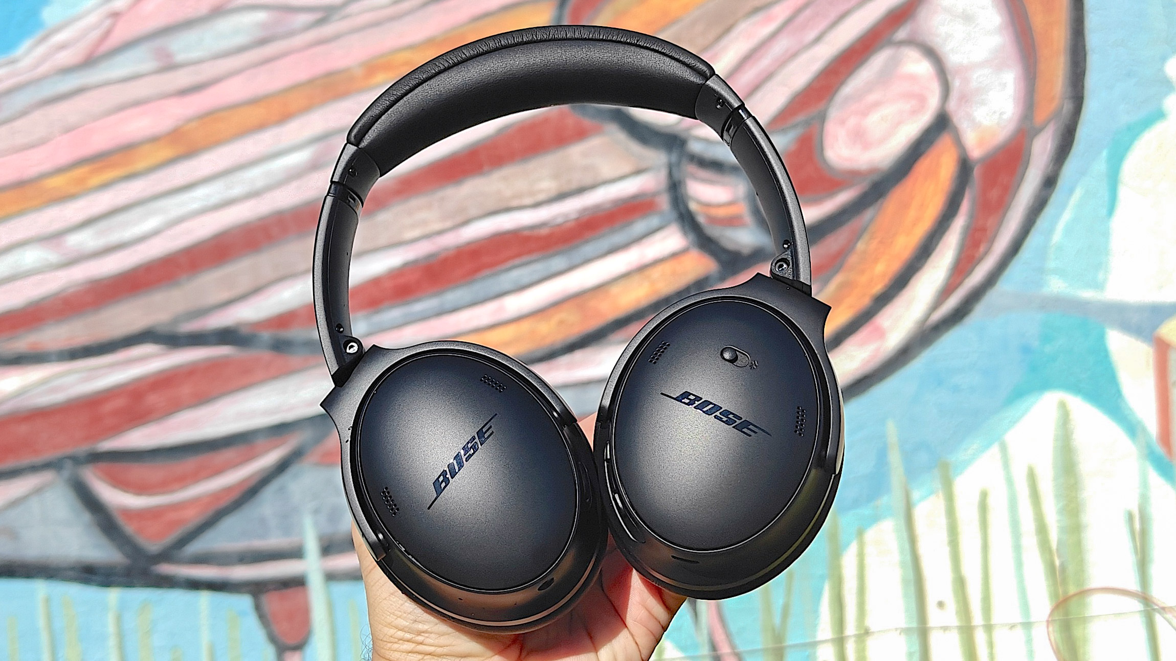Bose QuietComfort Headphones held up against a painted backdrop