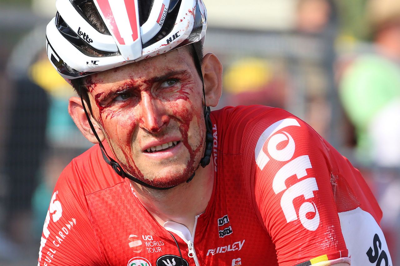 Tiesj Benoot (Lotto Soudal) after a crash