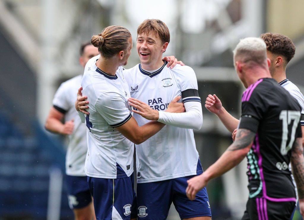 Preston North End&#039;s Mads Frokjaer-Jensen celebrates scoring the opening goal with Brad Potts during the pre-season friendly match between Preston North End and Aberdeen at Deepdale on July 22, 2023 in Preston, England. 