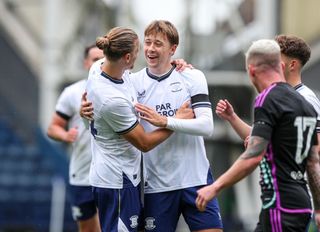 Preston North End's Mads Frokjaer-Jensen celebrates scoring the opening goal with Brad Potts during the pre-season friendly match between Preston North End and Aberdeen at Deepdale on July 22, 2023 in Preston, England. 