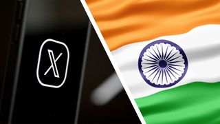 X logo on a smartphone on the left, India flag on the right