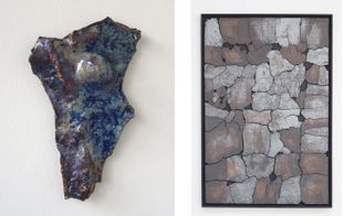 LEFT: Abstract sculpture made with ceramic in shades of blue and brown, photographed against a white background. RIGHT: Wall art featuring black frames and slate shaped sketch