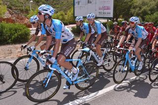 Romain Bardet surrounded by his AG2R La Mondiale teammates early in the stage