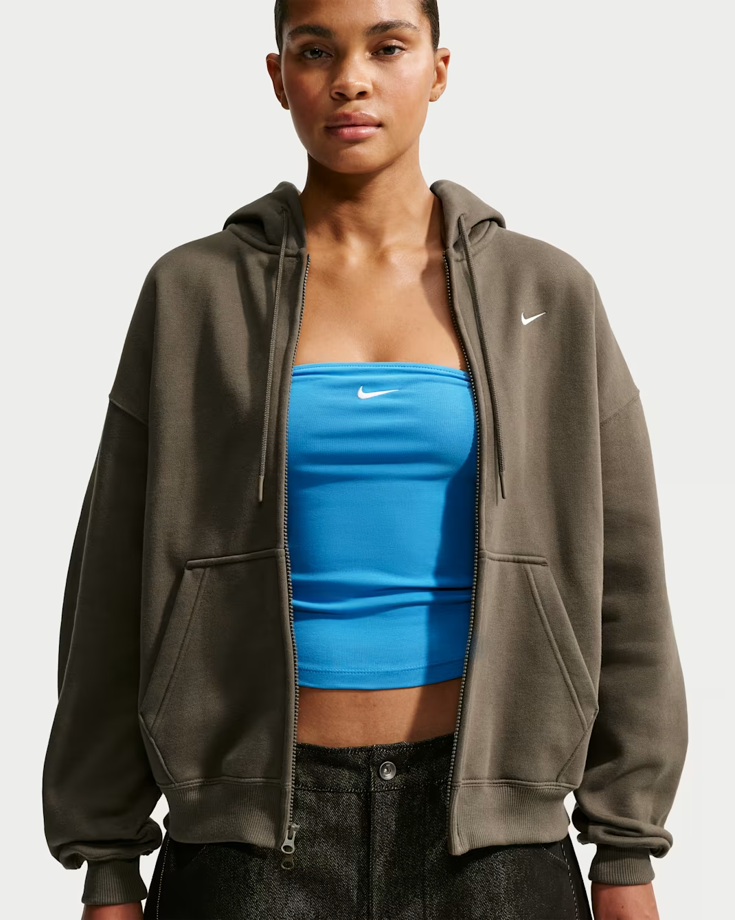 Nike, Nike Studio Fleece Medium Weight Women's Oversized Full-Zip Hoodie - Birch Heather/black - Size Xxs