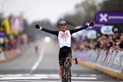 Tadej Pogacar celebrates Tour of Flanders victory
