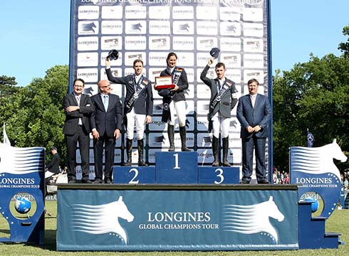 Ben Maher and Scott brash on the podium in Hamburg