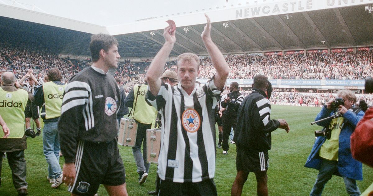 Newcastle United v Nottingham Forest, final score 5-0 to Newcastle United. Premier League. St James&#039; Park. Pictured, Newcastle United players, including Alan Shearer, celebrating their win, 11th May 1997.