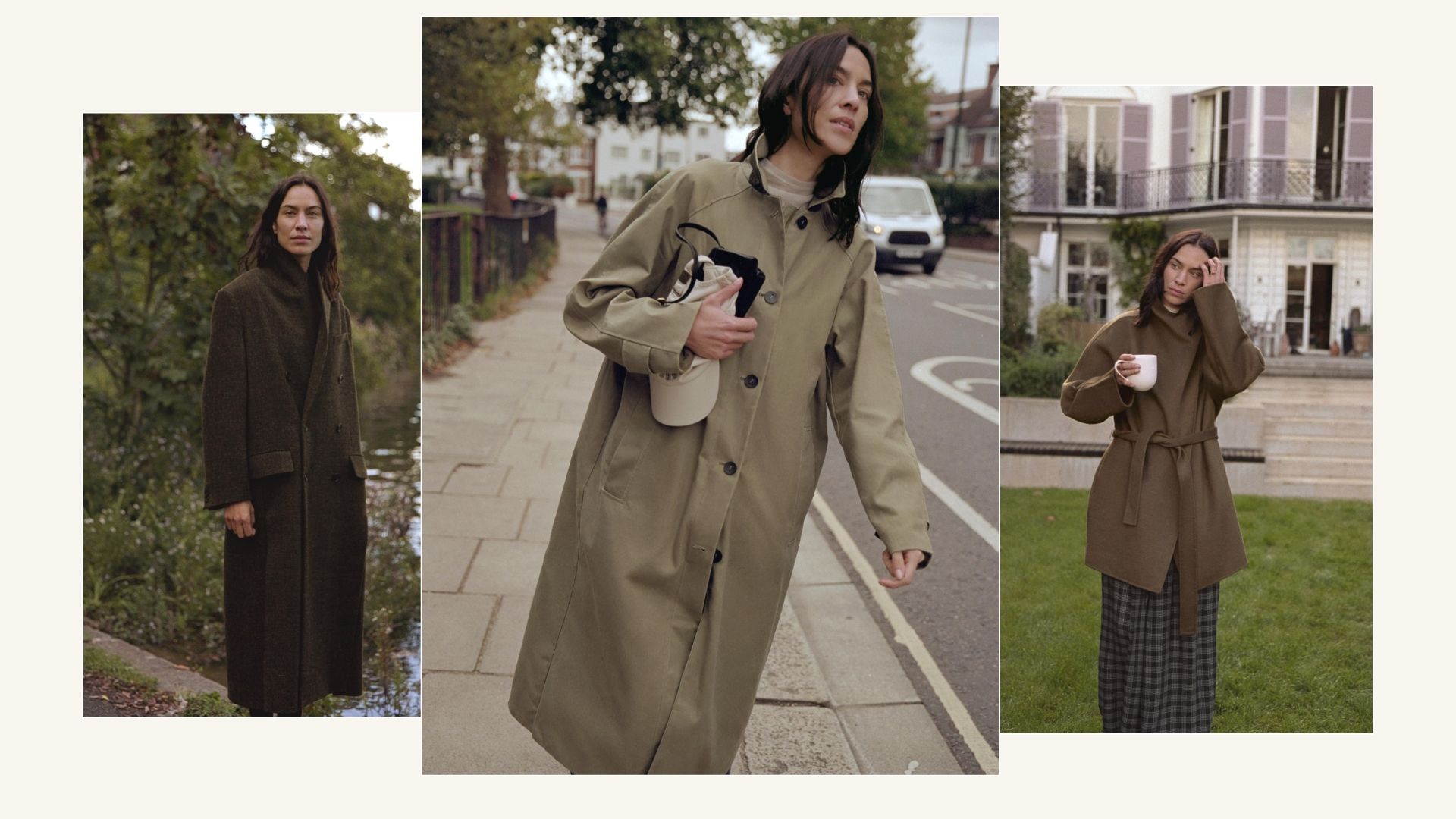 Alexa Chung wearing Zara's trench coat, and brown coats.