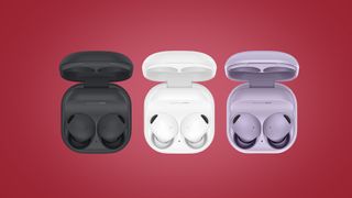 Samsung Galaxy Buds 2 Pro on a red background