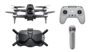 The DJI FPV Combo bundle product shot, including the drone, the goggles and a hand controller