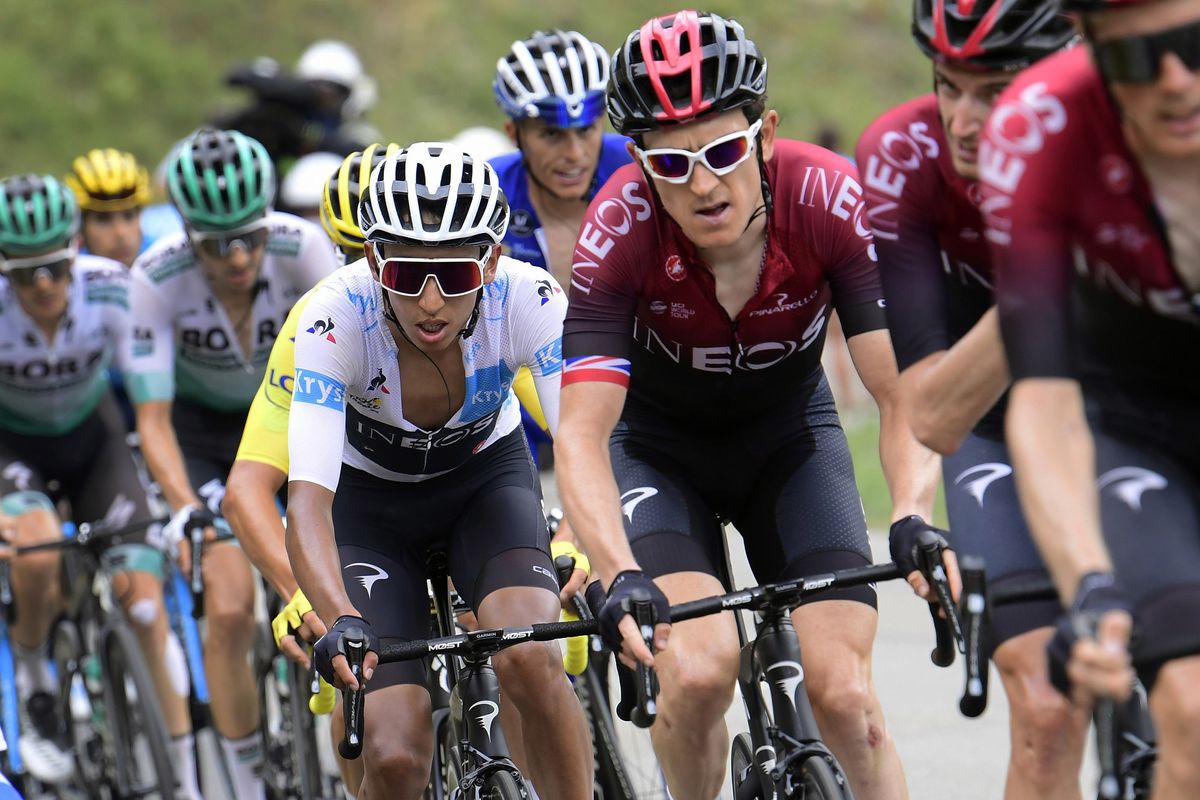 Egan Bernal rides behind Team Ineos teammate Geraint Thomas
