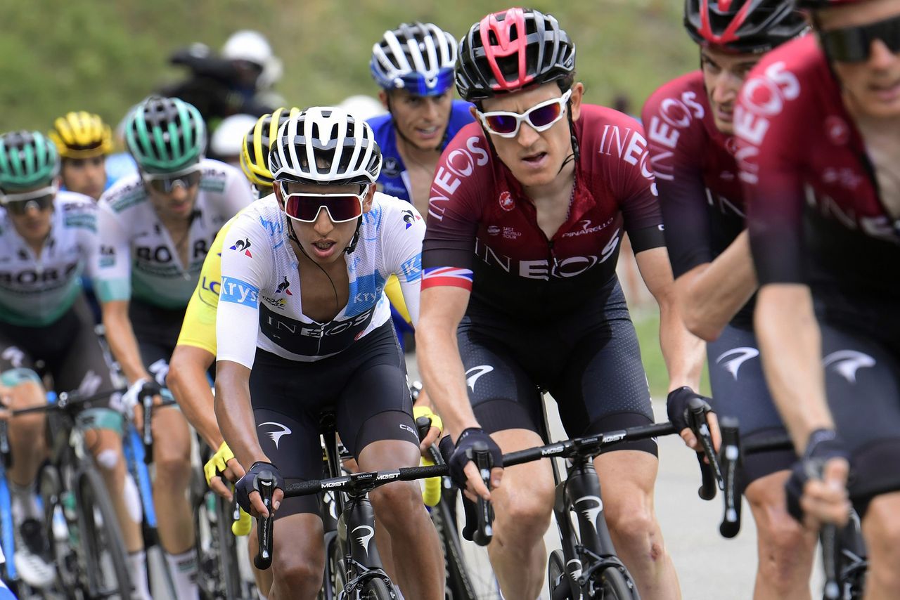 Egan Bernal rides behind Team Ineos teammate Geraint Thomas
