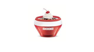 a red zoku ice cream maker on a white background with a sundae inside