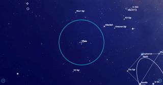 While Pluto won't be visible using binoculars, this summer, the dwarf planet is located the part of the sky to the lower left of the naked-eye star Albaldah, near the handle of the teapot (shown at lower right). To scope it out, center your binoculars' field of view (blue circle) between the dimmer stars Rho Sagittarii and h2 Sagittarii, and look for the small star 50 Sagittarii, which is positioned less than half of the full moon's diameter to Pluto's left. In this view of the sky at 11 p.m. local time, the dwarf planet's brightness has been enhanced.
