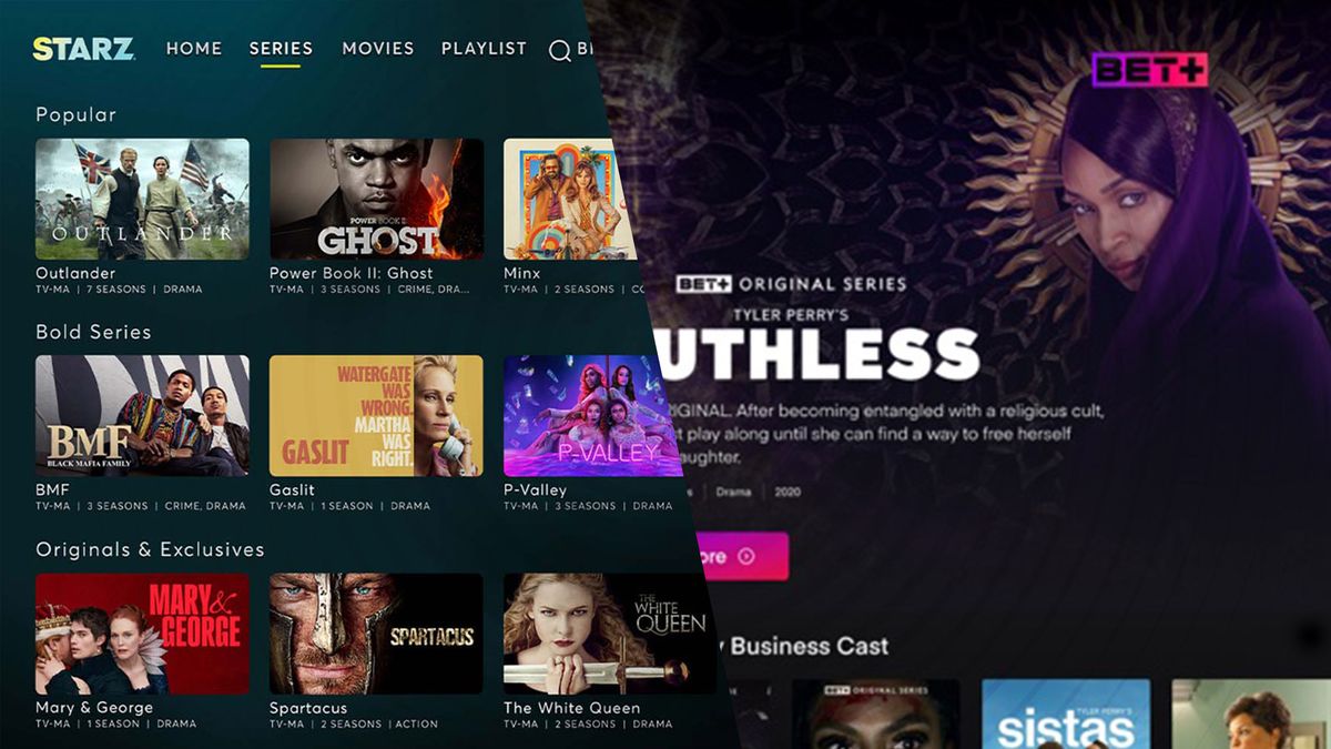 The homepages of the streaming services Starz and BET Plus side by side 