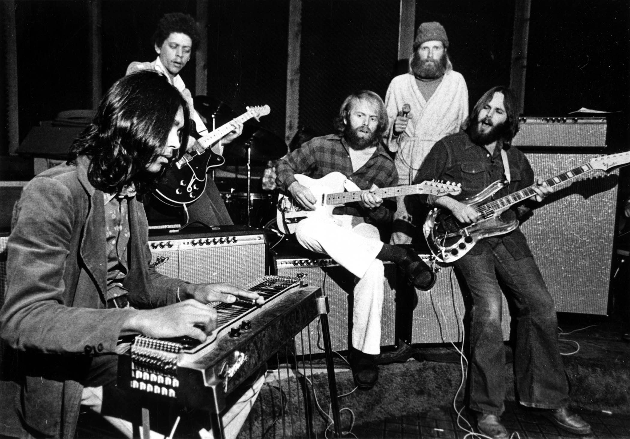 The Beach Boys jam with pedal steel legend Ricky Fataar and fellow South African guitarist Terence William &#039;Blondie&#039; Chaplin in 1972.
