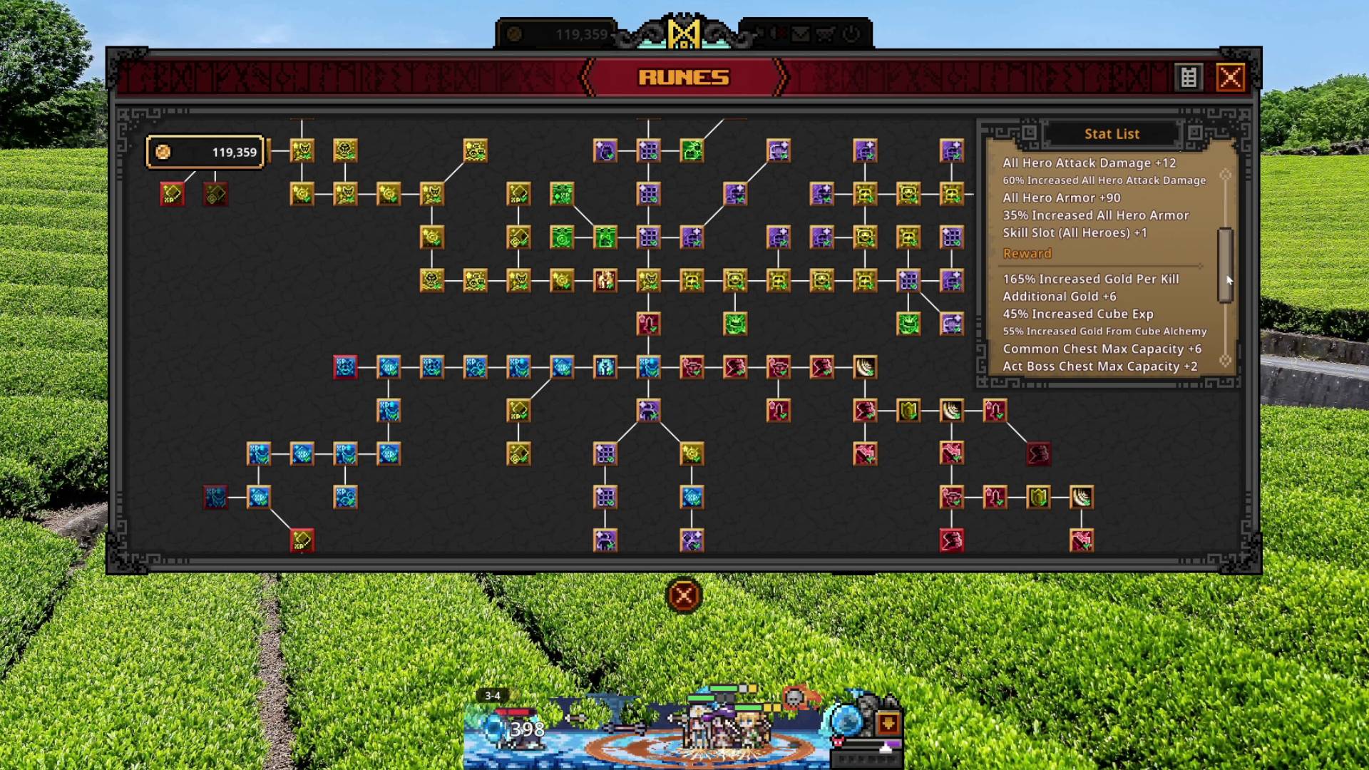 Task Bar Hero Rune menu showing expansive branches of unlocked rune upgrades