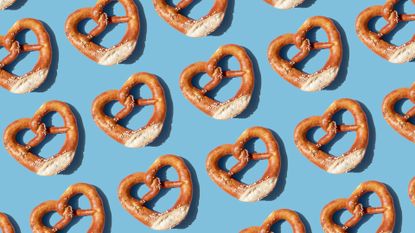 What is the Pretzel Dip position? Pictured: Repeated pretzels on blue background