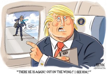 Political Cartoon U.S. President Trump imagine Obama wiretapping accusation hallucination