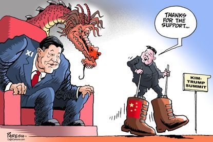 Political cartoon U.S. Kim Jong Un Trump meeting Xi Jinping Chinese support