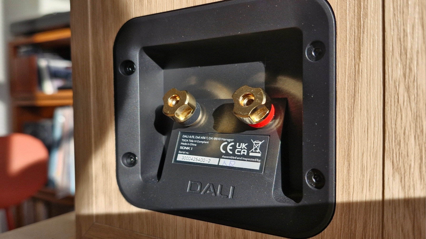 Rear panel showing cable terminations of the Dali Sonik 1 passive bookshelf speakers.