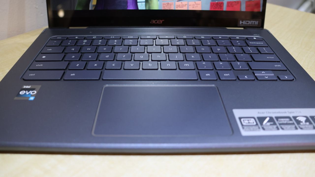 Close up view of the keyboard and touchpad on the Acer Chromebook Spin 714.