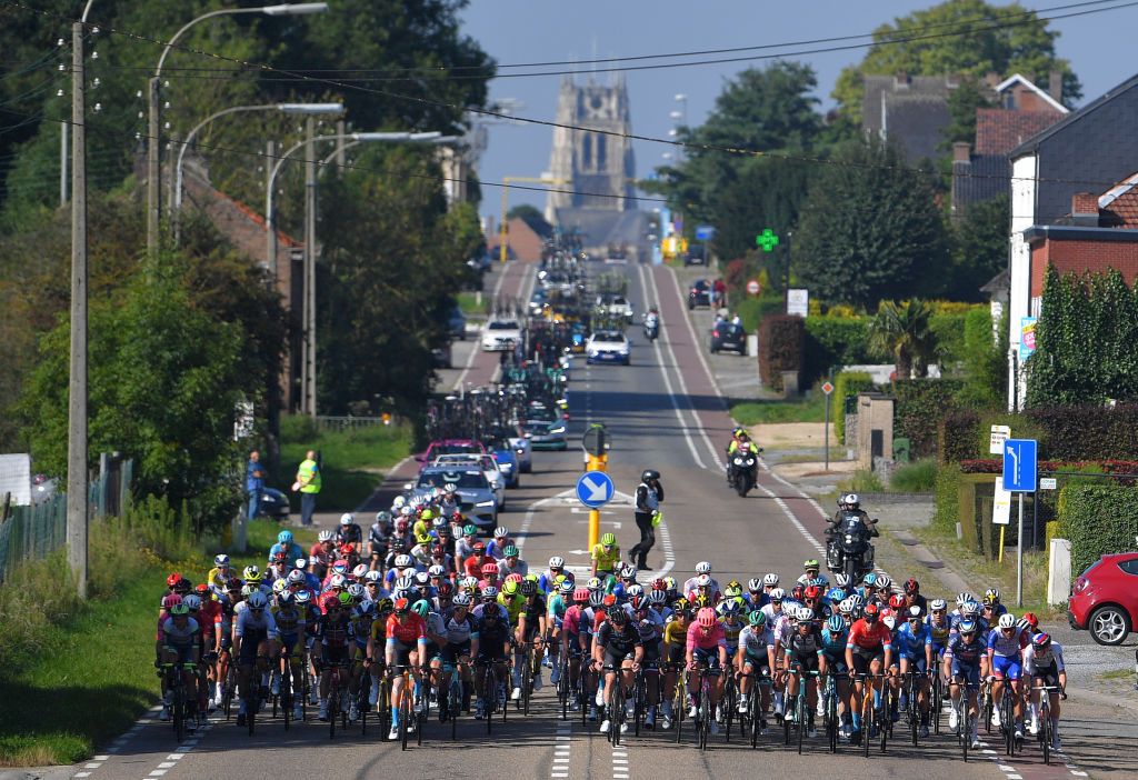 BILZEN BELGIUM SEPTEMBER 03 A general view of the peloton compete during the 17th Benelux Tour 2021 Stage 5 a 188km stage from Riemst to Bilzen BeneluxTour on September 03 2021 in Bilzen Belgium Photo by Luc ClaessenGetty Images